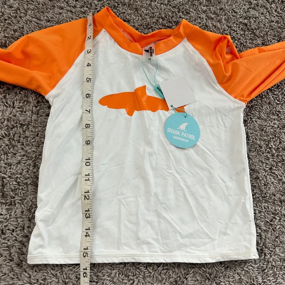 Shark Patrol Swimwear Kids Long Sleeve Orange White Shark Graphic Size‎ M